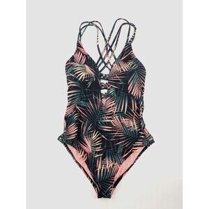 Bar III Swimsuit Women Medium One Piece Plunge Green Tropical Criss Cross Straps